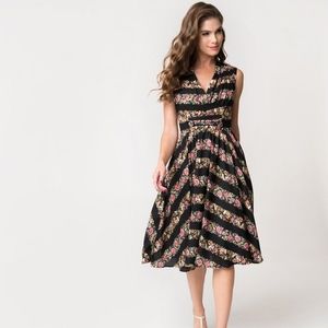 Unique Vintage 1950s Style Floral Stripe Dress